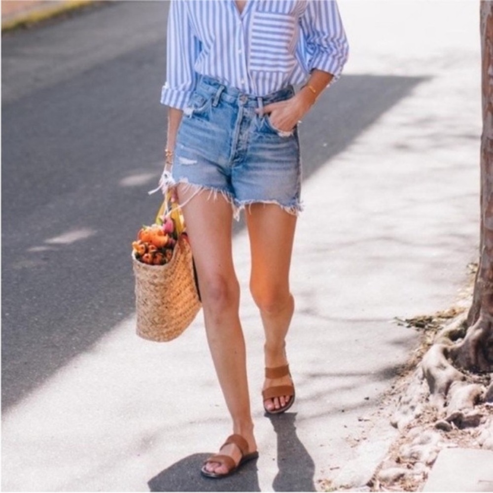 Agolde Light Blue Distressed Denim Jean Shorts - Picture 2 of 10